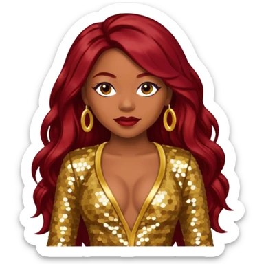 LaTavia Robeson with long dark red hair, gold sequin outfit sticker