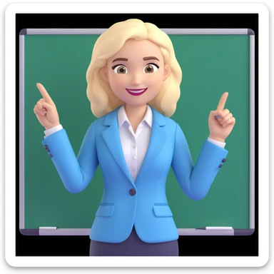 3D cartoon businesswoman, medium-length styled hair (bun or soft waves), expressive eyebrows, cheerful smile, confident and approachable, light-colored blazer over light blue collared shirt, one hand on whiteboard, other hand pointing sideways, professional, neutral indoor background sticker