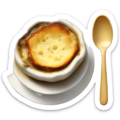 A bowl of French onion soup with a glass of Chardonnay sticker