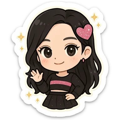 chibi sticker of Jisoo from BLACKPINK, black and pink colors, cute and collectible style, with glitter and sparkles sticker