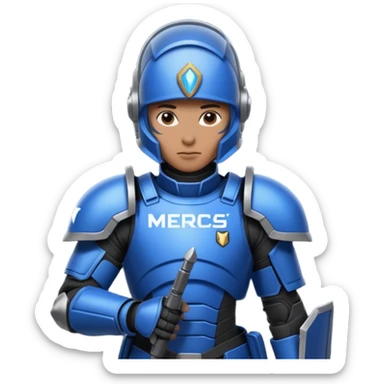 a scifi soldier in blue and black holding a sign saying Mercs, under this scifi in blue and black holding a sign is the text we are the best. in gif sticker