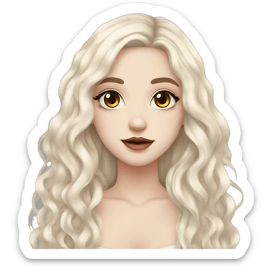 pale goth girl with long wavy black hair, almond shaped hazel eyes light skin with blush  sticker