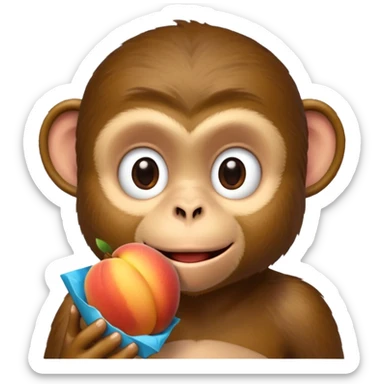 monkey sitting on a bench and eating peach and chocolate sticker