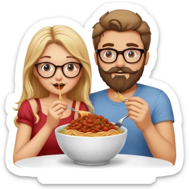 Blonde Caucasian girl eating spaghetti lady and the tramp style with Caucasian man with brown hair and beard wearing glasses sticker