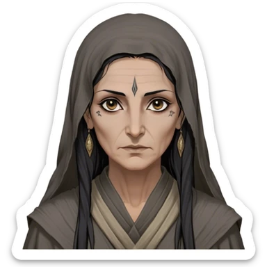 Mirri Maz Duur is a weathered, age 55 Lhazareen woman with deep-set dark eyes, high cheekbones, and a sharp nose, giving her a stern, knowing expression. Her long, unkempt dark hair streaked with gray falls loosely over her shoulders, and her earth-toned, tattered robes mark her as a humble healer. Despite her frail appearance, she exudes an aura of mystery and menace, her hands stained with herbs and blood from both healing and dark sorcery. sticker