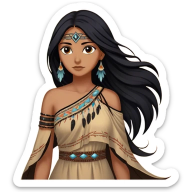 Cinematic Realistic Pocahontas Portrait, depicted with lifelike skin texture, soft natural lighting, and intricately detailed long, flowing raven-black hair that moves gracefully in the wind. Her deep, soulful dark brown eyes exude wisdom and strength, complemented by a serene yet powerful expression. She is dressed in her classic one-shoulder native american dress, with rich fabric textures and delicate beaded details that catch the light beautifully. The portrait features a soft, sun-kissed glow with a natural, radiant finish, capturing the essence of untamed beauty and deep connection to nature in a realistic and painterly style, evoking a sense of depth and authenticity. sticker