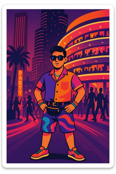 Make the man look funky and stylish, wearing vibrant, mesmerizing clothes and trendy accessories. Pose him confidently with an eye-catching and fashionable look suitable for a party scene, in a vibrant toon style. sticker