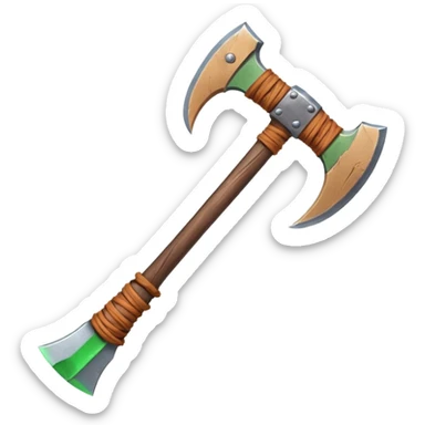 barbarian axe object icon, huge double-bladed axe, rough metal, wooden handle, leather wraps, fantasy style, 3D cartoon, mobile game icon style, centered, clean background, soft shadow, no text, no watermark
 sticker
