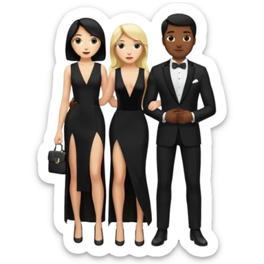 Blonde woman, black, Long, tight, sleveless Dress, Slot left Leg, man, black Hair, in Dinner jacket, Background ballroom sticker
