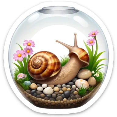 Close-up of large home snails inside a terrarium, showcasing their soft, spiral shells and glistening bodies, with a gentle light highlighting their details. With stones and grass and flowers. Transparent background. sticker