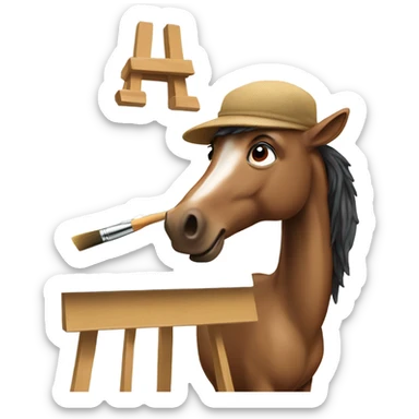 horse artist wearing a beret and standing in front of an easel with a paintbrush in his mouth sticker