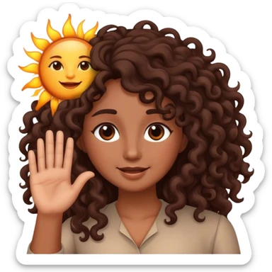 Brown woman with dark brown long curly hair saying good morning with the sun sticker