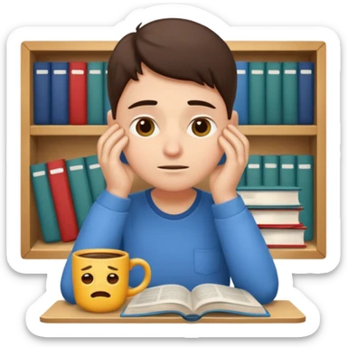 emoji student stressed with books and coffee, exam, tired, white background sticker