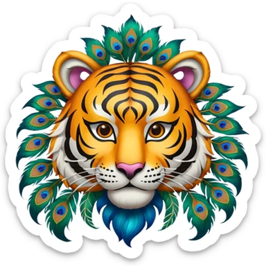Create an animation emoji of the Ponorogo Reyog from East Java, namely the tiger mask with the peacock dance, which is a typical Ponorogo dance. Above and behind the tiger's head is a peacock's head spreading its tail.  sticker