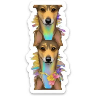  brindle brown black maroon striped lurcher Alsatian fox running blue eyes and iridescent holographic oilslick harness wearing paper iridescent tropical flower crown yellow caution tape sticker