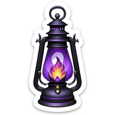 A Discord emoji of a dark violet flame burning inside a black iron lantern. The lantern has sharp, gothic edges and a small 'streak' of light emerging from it. Dark fantasy aesthetic, bold outlines, vibrant purple fire, white background, high detail but simple enough to be visible at 32x32 pixels. sticker