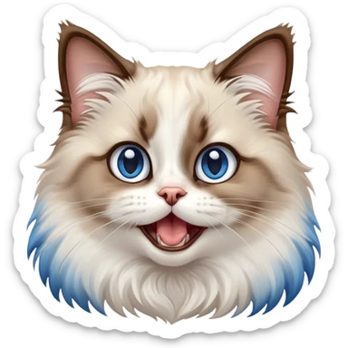 cinematic-adorable-big-eyed-fluffy-brown and white ragdoll-cat-portrait-emoji,-head-tilted-playfully-with-a-cute,-yawn,-soft-brown-and white-colored-fur-with-darker-points-on-the-ears,-simplified-yet-irresistibly-cute-features, sparkling blue eyes sticker
