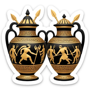 Cinematic-realistic Grecian urn, an exquisite black-figure pottery masterpiece resting in the dim glow of an ancient temple. Intricate golden depictions of two warrior fighting with spears and warriors encircle its curved form, telling timeless myths of heroism and tragedy.  sticker