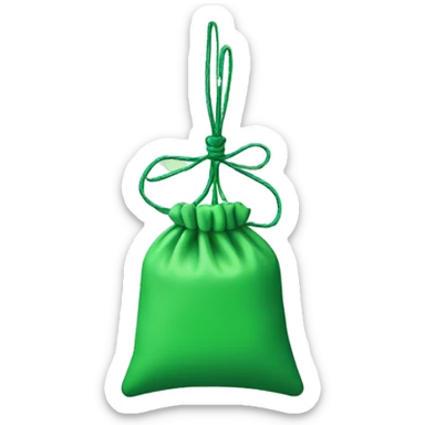hand holding up a green pouch tied with light green string sticker