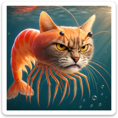 Change the expression of the cat-shrimp creature to angry, keeping all other details and colors the same, in a style consistent with the original image. sticker