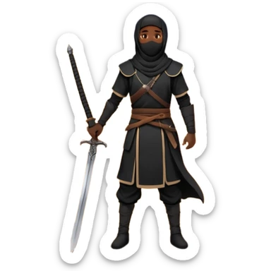 Emoji of a Muslim warrior silhouette standing on a hill at sunrise holding a lowered sword in calm control, crescent moon in the sky, symbolising locking in, discipline, and a new beginning through faith. Bold minimalist vector, transparent background. sticker