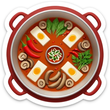 A hot pot emoji in top-down view. The pot is divided into two sections: one with spicy red broth filled with chili peppers, and one with mild white broth. Surround the pot with rolled slices of meat, vegetables, and mushrooms. sticker