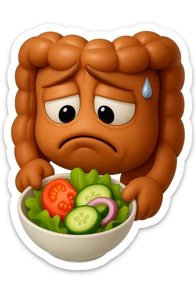 EMOJI STILE IPHONE DI UN INTESTINO UMANO ANATOMICO CHE GUARDA UN INSALATA CON ESPRESSIONE TRISTE E RASSEGNATA IN VOLTO: SOFFRE LA FAME PERCHé è A DIETA, FAGLI ANCHE LA PARTE BIANCA DEGLI OCCHI, NON SOLO LE PUPILLE, IPERREALISTICO 4K sticker