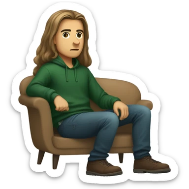 a web developer with long hair and a dark green sweatshirt sitting in a pose where the hand is on the knee forward and the second leg is under the booty , light-colored sofa , brown hair sticker