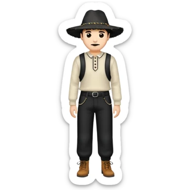 Crea a un hombre con pantalón acampanado zapatos negros un suéter como con fleco en los brazos y una clas de sombrero 👒 pero plano alrededor sticker