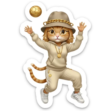 female cat dressed like Run DMC in tracksuit, fedora, Adidas shoes, lots of gold chains, rings, bracelets, earrings, catching a ball high in the air, no sunglasses sticker