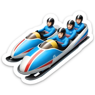 An icon featuring a sleek bobsled with athletes racing down an icy track at high speed, helmets on and bodies aligned for aerodynamics. The scene is set in a stunning snowy mountain valley with pine trees, spectators, and crisp blue sky. Transparent background captures the thrill of bobsleigh. sticker