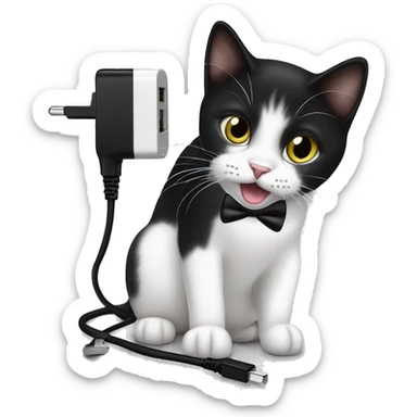 Black and white tuxedo cat eating an I phone charger  sticker