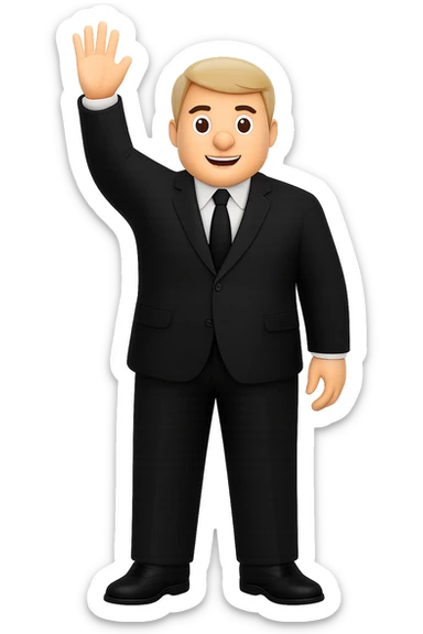 Make the white man in a black suit and shoes with one hand raised bigger framed with broader shoulders and a more robust build, keep no background. sticker