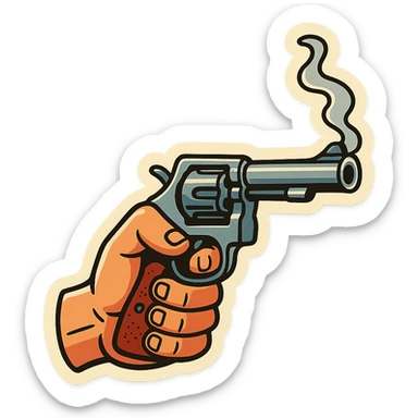 male hand holding a revolver, retro stickers style, clear black outlines, expressive shadows and highlights, no gradients, only sharp color transitions, revolver with smoke coming out of the barrel sticker