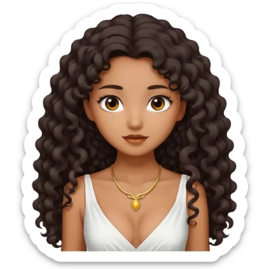 Dark tanned skin girl with very dark brown very long curly hair, very dark Asian eyes, white dress at neckline  sticker