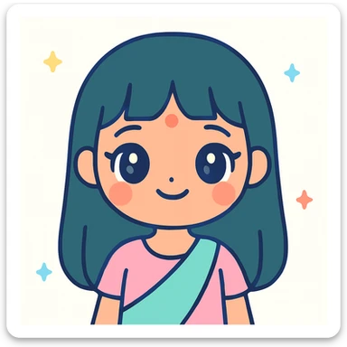 illustration of an Indian girl with straight long hair and a fringe, big lips, slightly slanted eyes, winged eye liner, cute kawaii style sticker