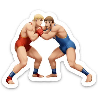 An icon showcasing two wrestlers engaged in a Greco-Roman wrestling match. The athletes are locked in a strong clinch, using their upper bodies to dominate. The background features a wrestling mat and traditional Greco-Roman elements. Transparent background. sticker