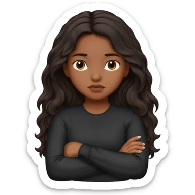 Hispanic girl dark long wavy hair crossing her arms with slight pout black long sleeve shirt sticker