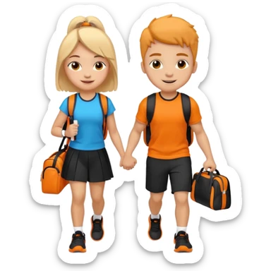 light skin students girl and boy with school bag full of books on back and dumbell in hand. Clothes are in black and orange colours. They are going to the gym sticker