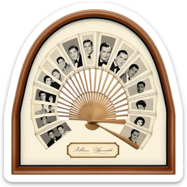 Icon for Autograph Collecting: several vintage sheets in frames arranged in a fan-like pattern, each with a famous celebrity signature. The icon should reflect the charm of collecting autographs in a nostalgic, elegant style. Transparent background. sticker