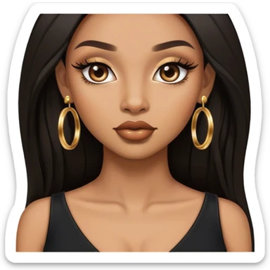 light brown skin tone, very beautiful woman, with big plump lips, long long lashes, black straight long hair, brown eyes, black dress, gold hoop earrings sticker