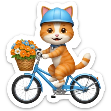 a-cheerful- cat-riding-a-blue-bicycle,-wearing-a-cute-helmet,-with-a-big-smile-and-a-basket-full-of-flowers-on-the-front.-bright,-cartoonish-style,-simple-and-fun. sticker