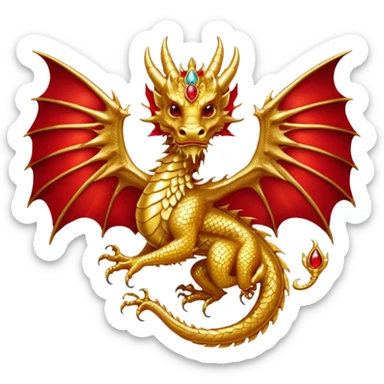Golden Dragon with wings crest/brosch in a circle with red gems sticker
