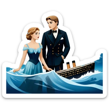 Icon for Titanic Movie: A vintage movie poster-style design featuring a dramatic scene of the ship, the iceberg, and a romantic silhouette of the main couple. Include elements like the ship’s bow, water splashes, and a starry sky in the background. Retro cinematic feel. Transparent background. sticker
