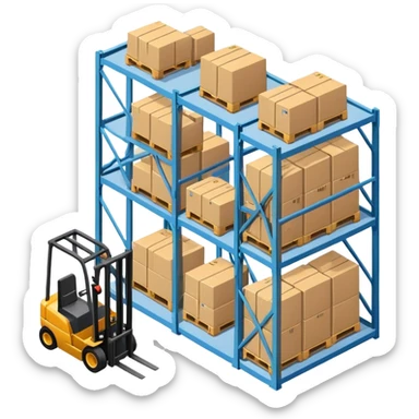 Isometric warehouse with forklift and storage racks inside, large cargo door sticker