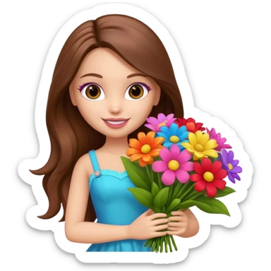  pretty bratz doll, long brown hair holding big bouquet of flowers posing sticker
