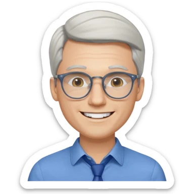 30 yr old pale white man, white/grey side swept stylish hair, round glasses, big smile, white teeth, handsome, longer hair, thin glasses, blue dress shirt sticker