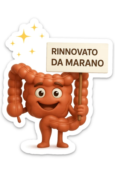 fammi un intestino identico a questo, ma felice e con le scintille di splendore dorate sopra, si sta rinnovando come se fosse in ottima salute, in mano ha un cartello con la scritta "RINNOVATO DA MARANO" sticker