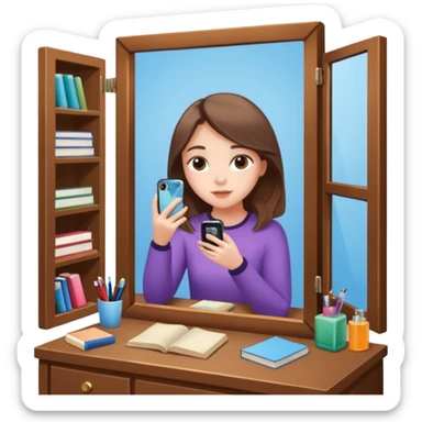 Girl sitting at vanity taking out picture with iphone 15 plus in the mirror and study materials on the vanity sticker