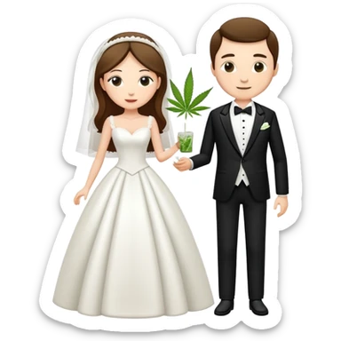 A bride in white wedding dress and groom in tuxedo, full body, sharing cannabis, wedding couple, different pose sticker
